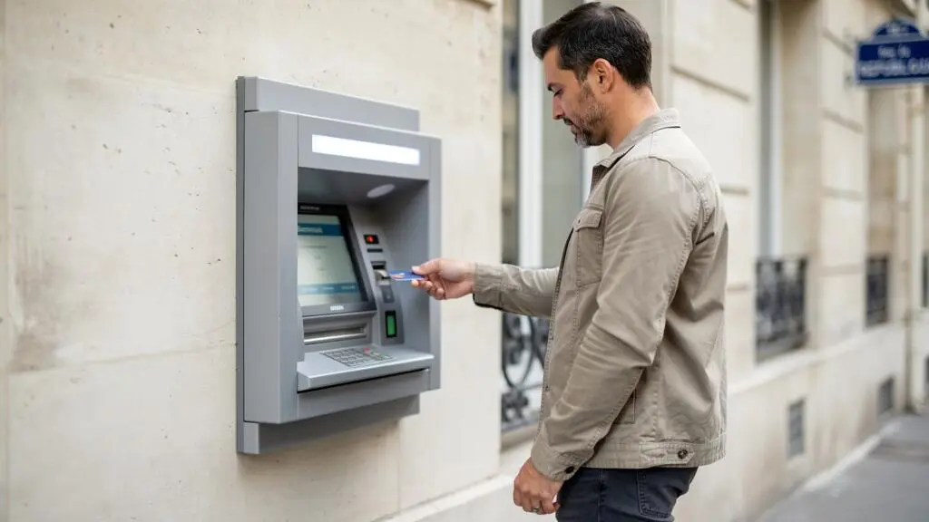 Homme effectuant une opération de dépôt à un distributeur automatique bancaire