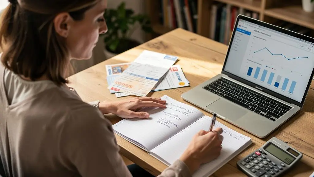 Femme organisant des documents de comptes d'épargne sur une table avec calculatrice et notes manuscrites