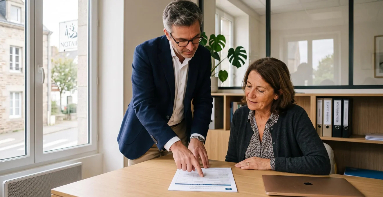 Un conseiller financier français pointe une ligne d'une grille de frais d'arbitrage devant une cliente dans un bureau de conseil lumineux.