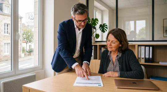 Un conseiller financier français pointe une ligne d'une grille de frais d'arbitrage devant une cliente dans un bureau de conseil lumineux.