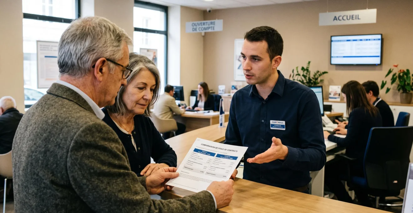 Un conseiller d'agence française remet à un couple senior un comparatif de grilles de frais de contrats d'assurance vie.