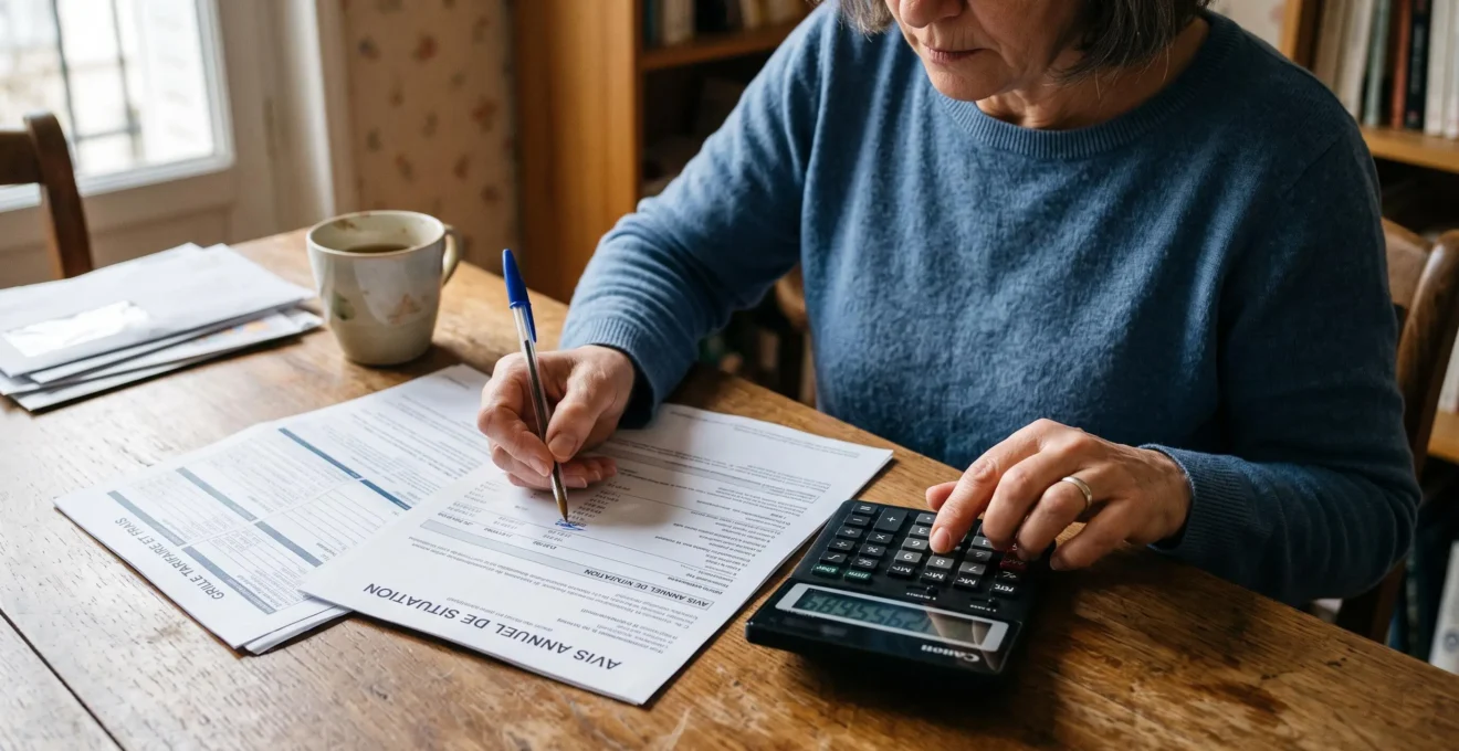 Mains d'une femme utilisant une calculatrice devant des documents de son contrat d'assurance vie sur une table en bois.
