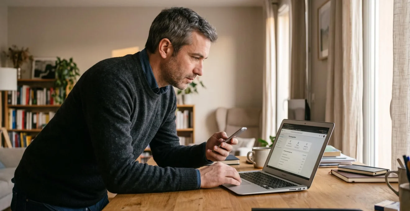 Un homme debout compare sur un ordinateur portable et un smartphone les frais affichés de son contrat d'assurance vie.